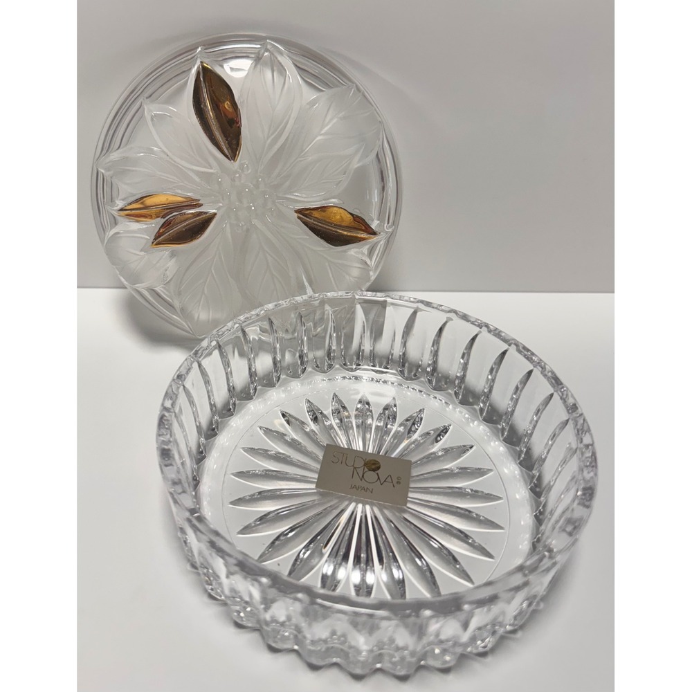 Vintage Studio Nova Golden Gilded Poinsettia Round Covered Dish Frosted Glass